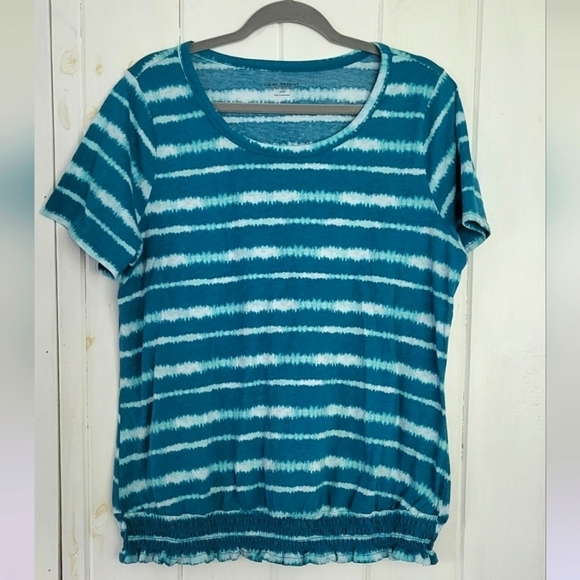 Lane Bryant Crew Neck Teal Stripe Elastic Bottom Tee - Picture 1 of 9